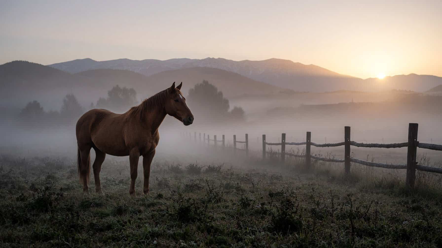 Horse standing in foggy field at sunrise with mountains in background.